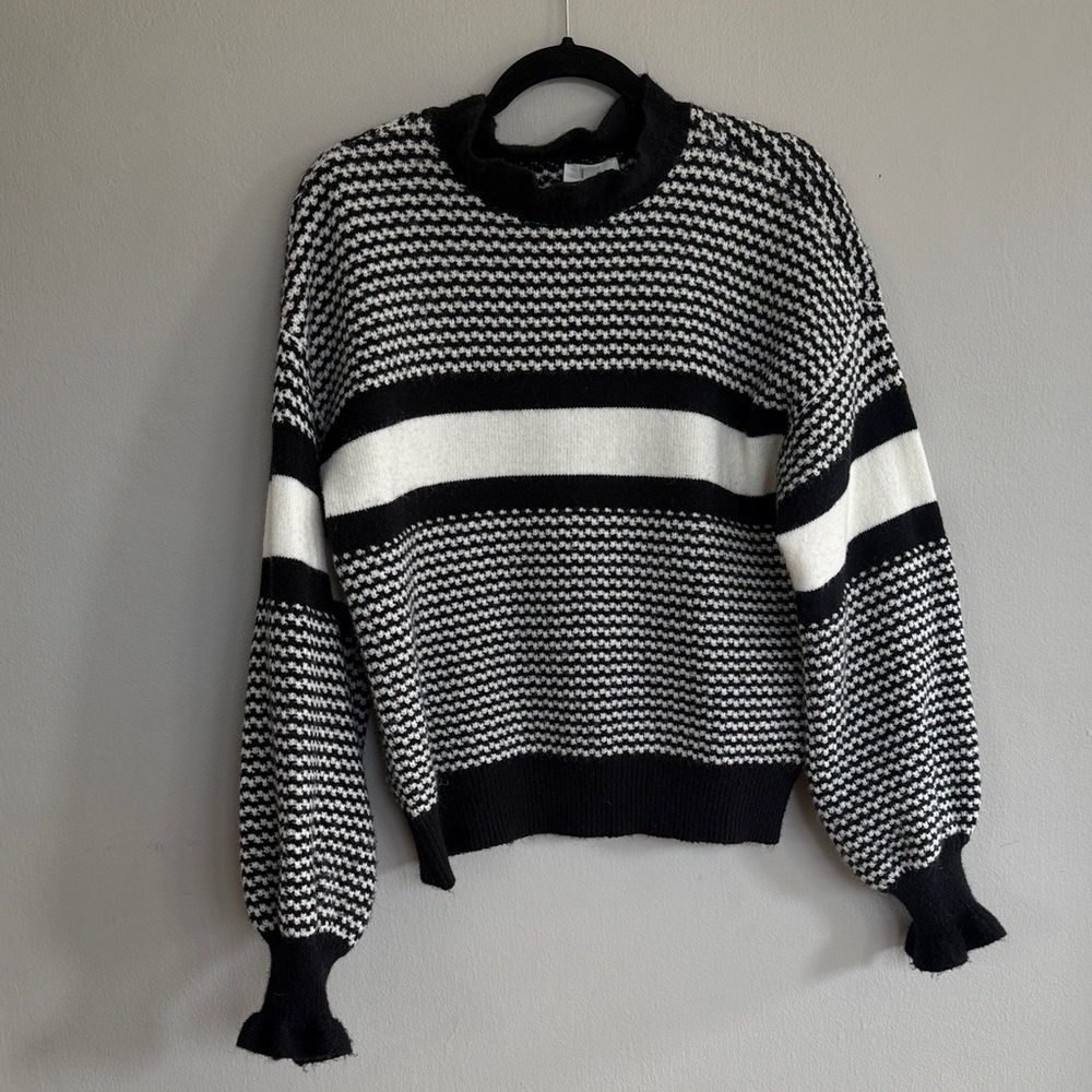 Black and White Striped Sweater with ruffled neck and sleeves